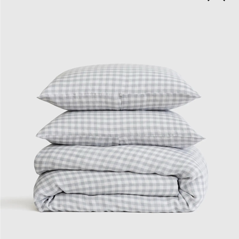 QUINCE European Linen Gingham Duvet Cover Set Blue Fog Full/Queen